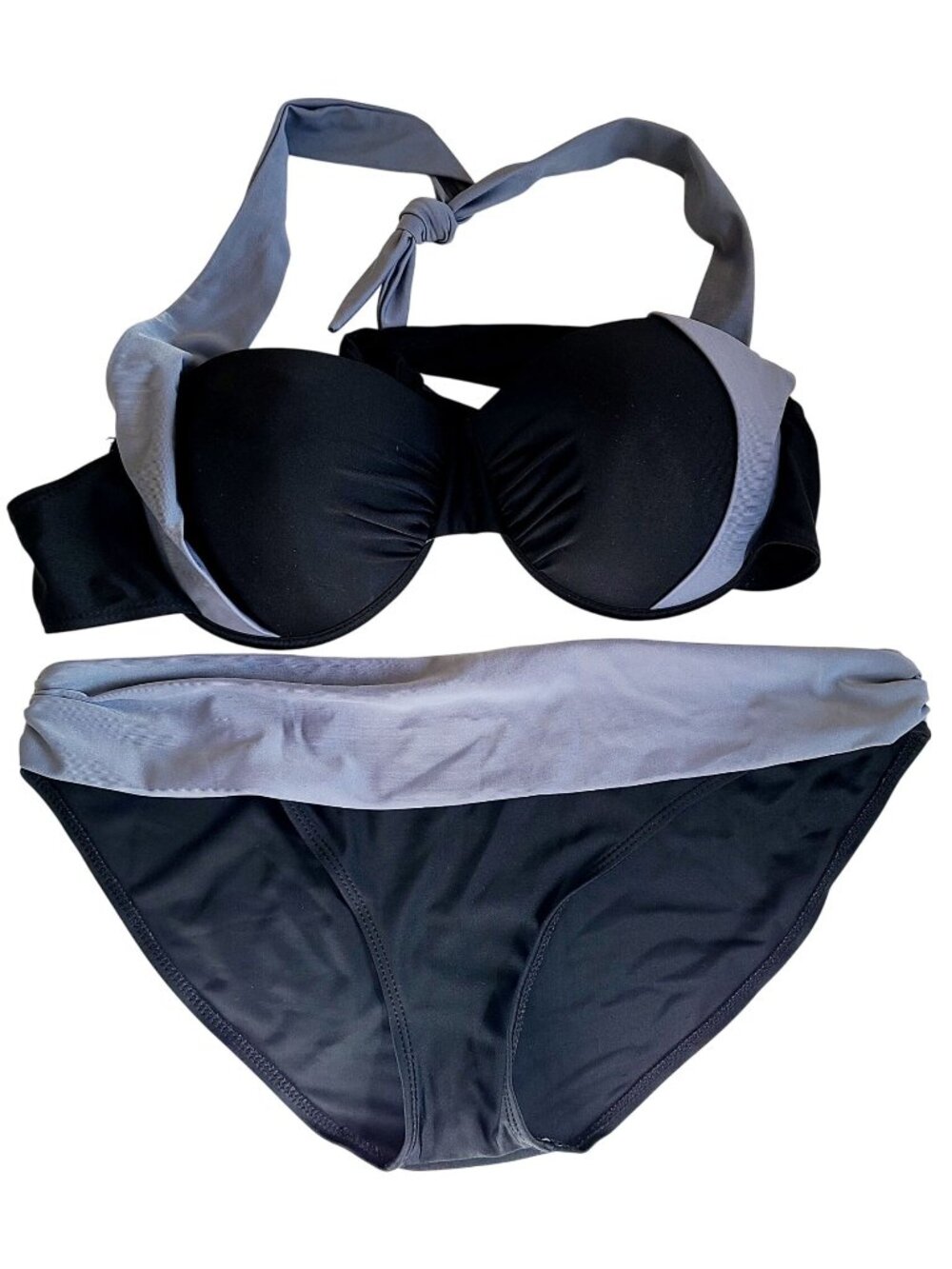 Bikini Set Two-Piece Black & Gray Halter Padded Top And Fold-Over Bottom Design